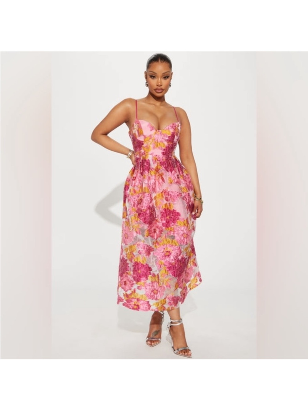 Fashion Nova Pink & Yellow Floral Midi Dress